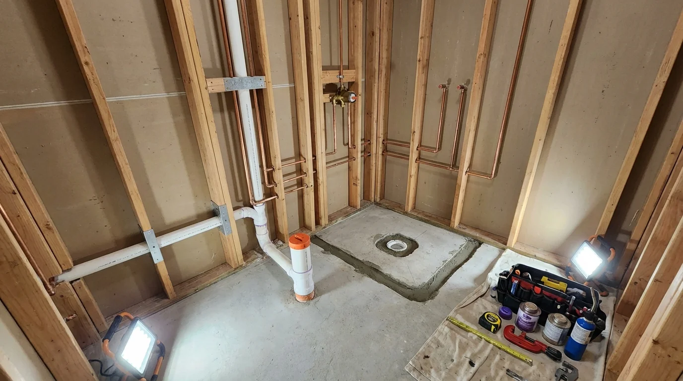 Bathroom rough-in plumbing during remodel by Johns Plumbing LLC in Sewanee