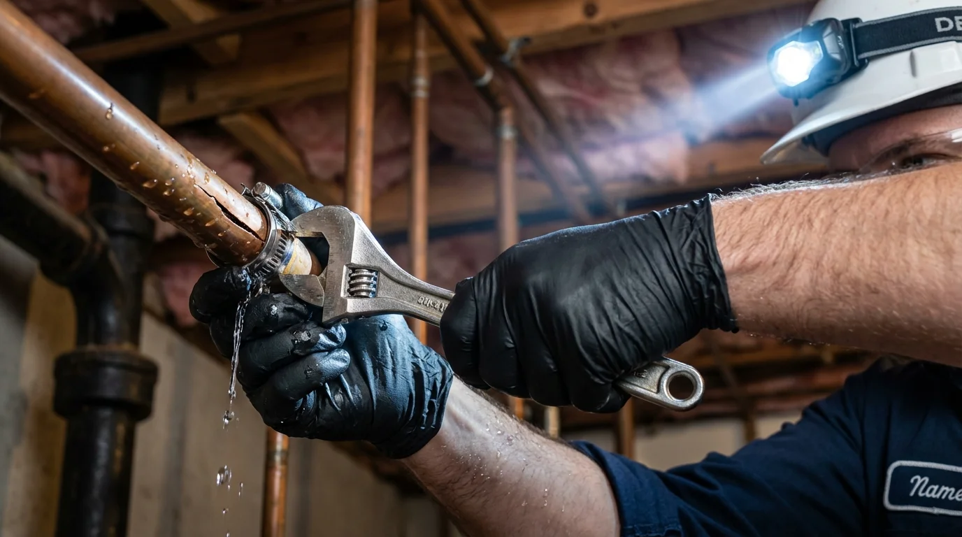Emergency pipe clamp repair being performed by a Johns Plumbing LLC plumber in Sewanee