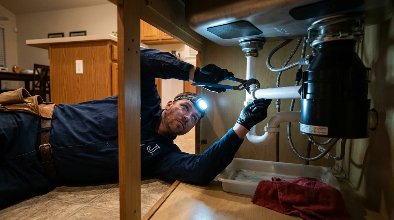 P-trap and supply line connections under a kitchen sink showing a common leak point in Sewanee, TN